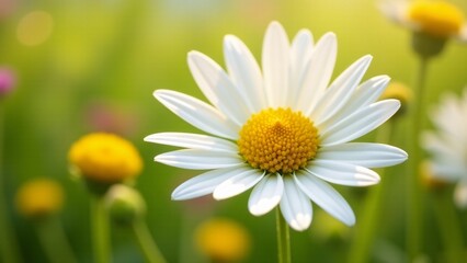 Fototapeta premium A pristine white daisy with a vibrant yellow center, radiating purity and simplicity. Surrounded by lush greenery, it glows under the soft sunlight of a peaceful meadow.