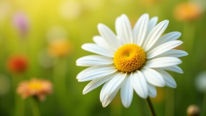 Obraz premium A pristine white daisy with a vibrant yellow center, radiating purity and simplicity. Surrounded by lush greenery, it glows under the soft sunlight of a peaceful meadow.