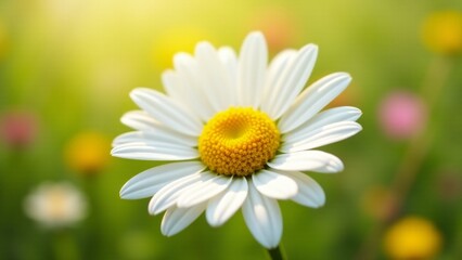 Obraz premium A pristine white daisy with a vibrant yellow center, radiating purity and simplicity. Surrounded by lush greenery, it glows under the soft sunlight of a peaceful meadow.