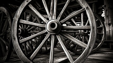 Antique Hub and Spoke Wheel Craftsmanship in Black and White. Central Wheel with Spokes in Wagon-like Round Design