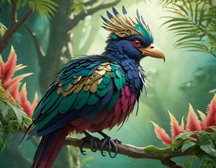 Fototapeta premium Majestic Jewel-toned Bird: A Vibrant Tropical Fantasy