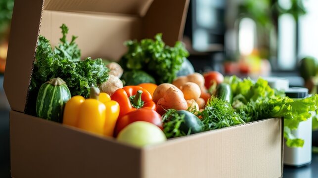 A stunning assortment of fresh vegetables like peppers, greens, and cucumbers packed in a box, beautifully highlighting healthy eating and sustainability in a modern presentation.