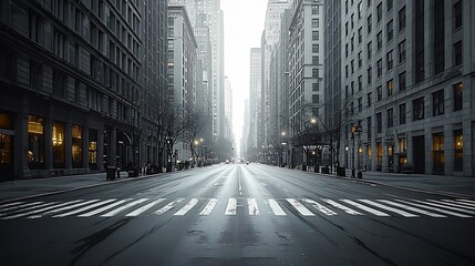 Obraz premium Empty City Street, Deserted Urban Landscape, Grey Buildings, Quiet Atmosphere
