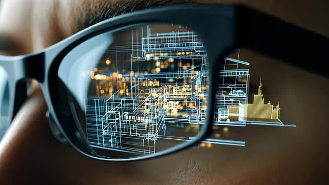 Close up of smart glasses showing holographic projection of industrial building, reflecting innovative technology in architecture and engineering