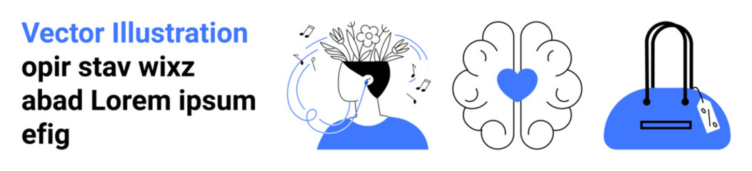 Person with musically inclined mind, heart present in a brain illustration, and a handbag with a tag. Ideal for mental health, love, emotional well-being, creativity, fashion, marketing and consumer
