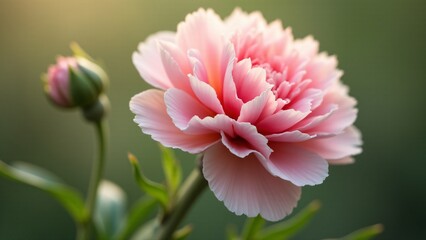 Fototapeta premium A romantic pink carnation in full bloom, with delicate, ruffled petals creating a soft, voluminous effect. Its intricate layers and feathery texture evoke a sense of timeless beauty and charm.