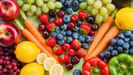 A vibrant assortment of fresh fruits and vegetables, including apples, grapes, strawberries, lemons, and carrots, beautifully arranged in an eye-catching layout.