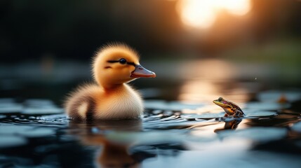 A fluffy duckling playfully interacts with a frog near tranquil waters, capturing a serene and heartwarming encounter between two adorable creatures in nature.