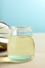Jar of coconut oil on table