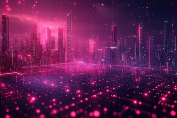 Obraz premium Neon Cityscape: Futuristic Metropolis at Night, Glowing Buildings and Vibrant Lights, Digital Art, Sparkling Lights, City at Night, Urban Scene, Glowing Structures