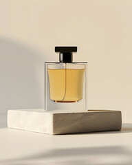 Elegant perfume bottle displayed on a minimalist stone platform with soft light enhancing its curves and color