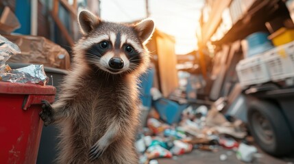 A raccoon stands near a trash bin during sunset, perfectly capturing the contrast between urban life and nature’s adaptability in a lively alley bursting with colors.