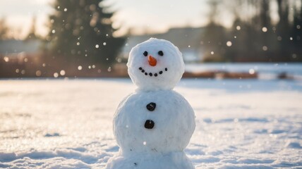 A cheerful snowman stands in a snowy landscape, with a bright orange carrot nose and black buttons, amidst falling snowflakes during a winter day.