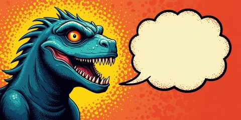 A colorful, cartoonish dinosaur character with an empty speech bubble, perfect for fun marketing materials, children's products, or playful branding.