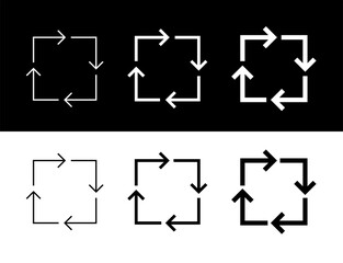 Movement of arrows in the shape of a square or diamond. Symbol of movement or direction, recycling or circulation. Icon of recycling of material or plastic.