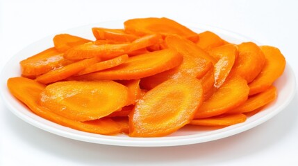 A plate of tangy quick-pickled carrots, thinly sliced and marinated in vinegar, sugar