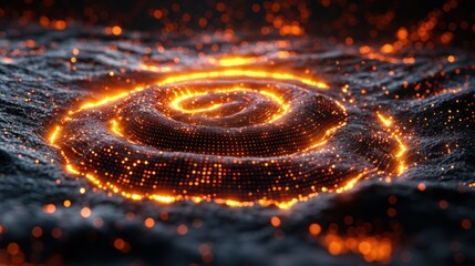 Glowing spiral energy vortex on dark terrain with sparkling particles.
