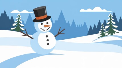 Obraz premium Cheerful snowman with a classic top hat, standing in a snowy landscape surrounded by pine trees under a bright blue sky.