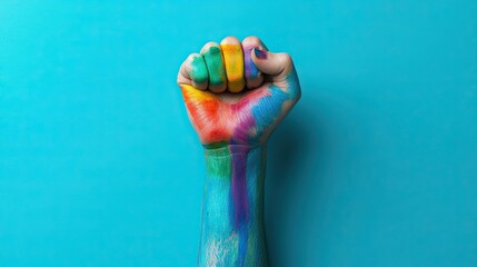 A clenched fist with rainbow colors painted vividly on the skin against a turquoise background.