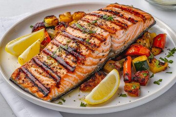 Grilled salmon fillet served with roasted vegetables and lemon wedges