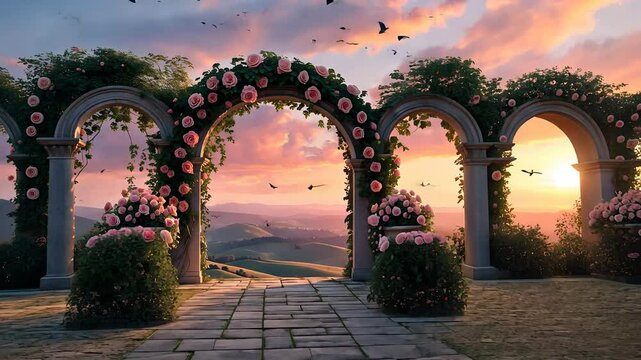 Romantic Stone Archways Adorned with Pink Roses Overlooking Rolling Hills at Sunset in a Picturesque Setting

