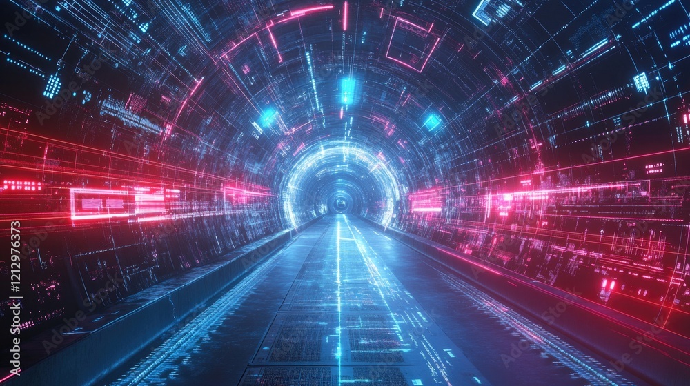Poster futuristic data tunnel with red and blue glowing lines creating a circuit board effect