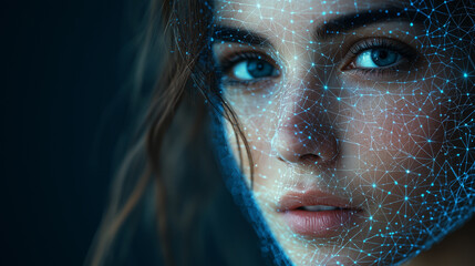 Digital network overlay on woman's face with bright blue eyes and virtual technology lines representing future artificial intelligence concepts