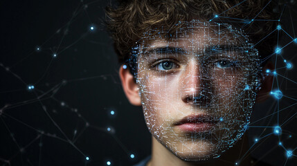 Facial mapping technology on young caucasian male highlighting digital connections and biometric data in modern scientific research