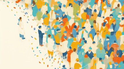 Colorful illustration of a diverse crowd gathered symbolizing community and unity