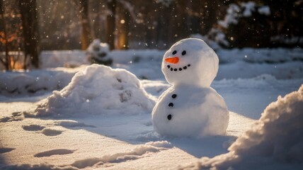 Obraz premium A cheerful snowman grinning in a snowy landscape, adorned with a carrot nose and coal eyes. Soft sunlight creates a magical winter atmosphere.