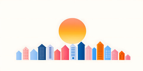 Colorful cityscape at sunset.  A vibrant illustration of buildings silhouetted against a large, warm sun.