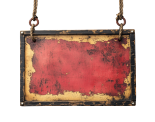 A weathered, rectangular sign with a faded red center and dark frame, hung by ropes, suitable for Chinese New Year media, isolated on a transparent background.
