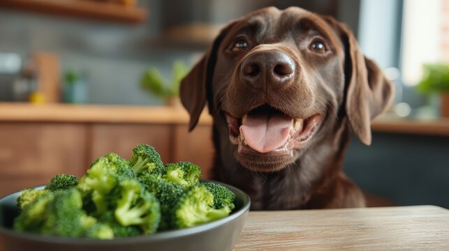 A joyful brown dog awaits delicious broccoli in a cozy kitchen setting, highlighting the bond between pets and healthy eating while showcasing a warm atmosphere. - Powered by Adobe