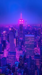 Naklejka premium Night City Skyline: Vibrant Towers Gleam Under Purple Twilight, Illuminated Buildings Showcase Urban Majesty at Dusk. Neon Lights Reflect in Glass Facades, Creating a Stunning Metropolis Panorama.