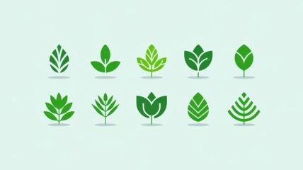 Obraz premium A collection of ten vibrant green leaf icons on a light pastel background, showcasing various leaf shapes and sizes, symbolizing nature and eco-friendliness.