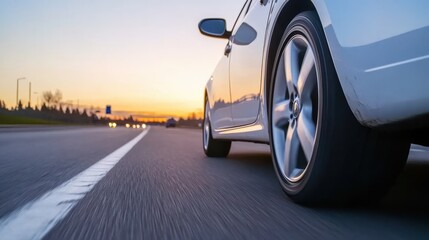 A sleek car speeds down an open road under a stunning sunset, capturing a sense of freedom and adventure.