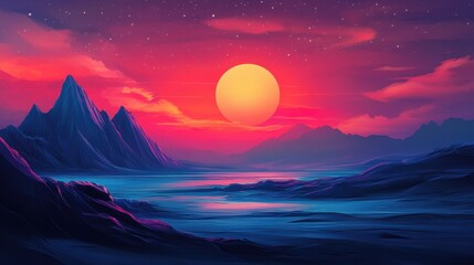 Vibrant Sunset Over a Serene Mountain Landscape