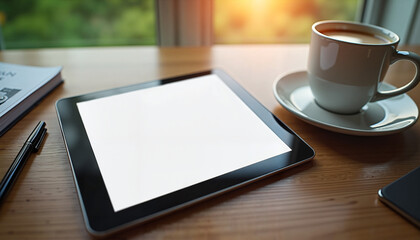 Blank tablet with accessories, professional and stylish, placed on a wooden desk against a soft natural lighting background