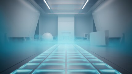 Obraz premium A futuristic hallway with glowing blue lights and a misty ambiance, creating a mysterious and high-tech atmosphere.