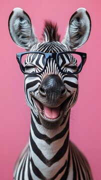 A cheerful zebra with glasses smiles against a vibrant pink backdrop, combining humor and whimsy in a captivating way.