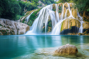 Majestic waterfall cascading into a serene turquoise pool in a lush landscape