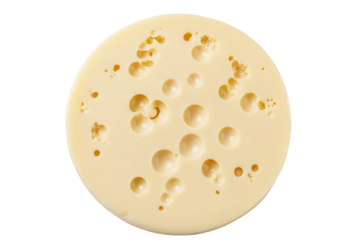 Piece of round cheese with holes isolated on a white background. Top view