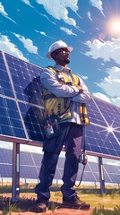 Confident technician inspecting solar panels at a renewable energy facility