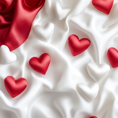 Obraz premium Romantic Red and White Hearts Pattern on Soft White Fabric Background, Ideal for Valentine's Day or Love-Themed Designs