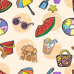 Sommer seamless pattern. Pencil with texture, hand draw. Vector, isolated. Sunglasses, bucket, sand molds, swimming ring, a bag and cocktail, parasol.
