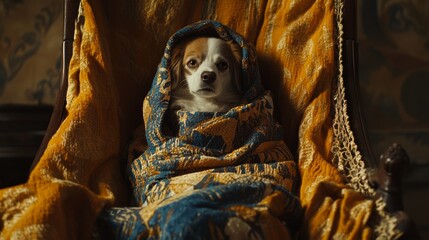 Obraz premium Adorable dog wrapped snugly in a colorful quilt, relaxing on a cozy chair in a warm, vintage setting.