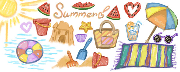 Banner, doodle, hand draw set with pencil texture, funny and light summer elements,. Vector, isolated. Sunglasses, bucket, sand molds, cloth, swimming ring, a bag 