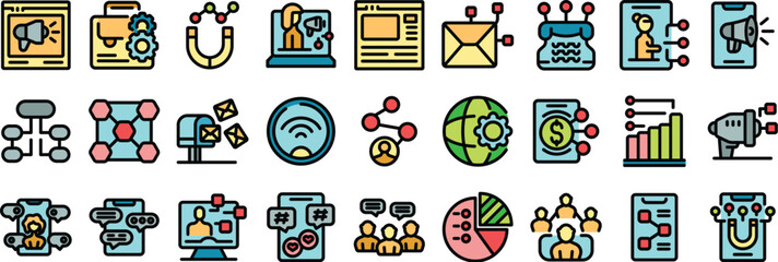 Colorful icons representing various aspects of digital marketing, encompassing online advertising, social media engagement, and content promotion