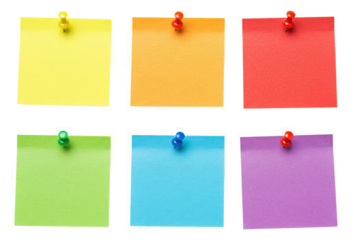 Set of colored paper notes with thumbtacks isolated on white background,