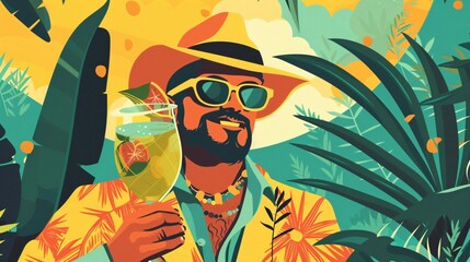Traditional Colombian Man Playing Guasa at Petronio Alvarez Festival Flat Vector Illustration